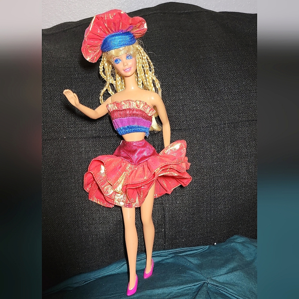 Vintage  Mattel 80's Barbie Doll Red Ruffle Irredescent Party Outfit Dress.